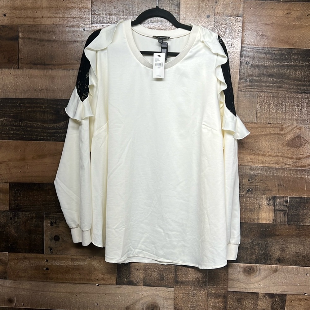 Lane Bryant Cream Black Lace Panels Long Ruffled Sleeves Blouse Womens 22/24 New